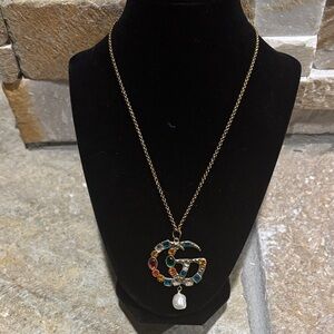 Gorgeous Gold Multicolor GG with pearl drop Pendant Necklace